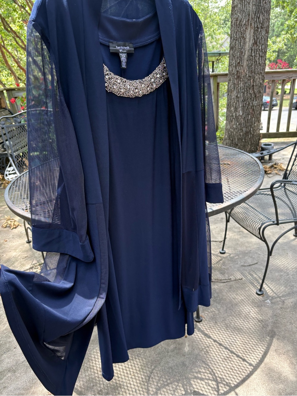 Elegant R&M Richards Navy 2 Piece Dress with Beaded & Rhinestone Jewel Neckline
